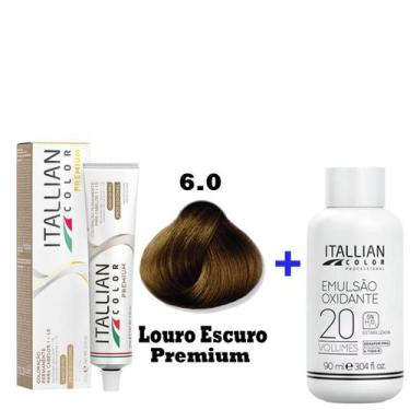 Imagem de Kit Coloração Itallian Premium 60g Louro Escuro 6.0 + Emulsão Oxi 20vo