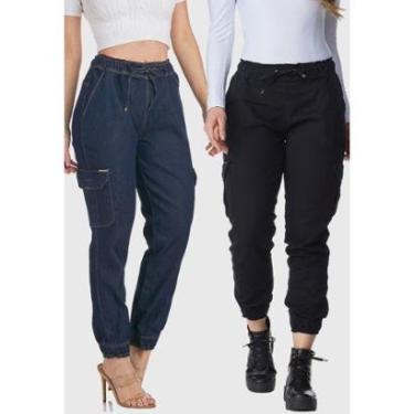 Imagem de Kit 2 Calça Jeans HNO Jeans Jogger Cargo Cintura Alta Azul Escuro e Preta-Feminino