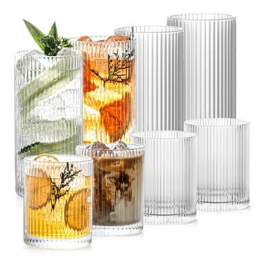 Imagem de Sunidearly Conjunto de 8 copos canelados, 4 copos grandes de 370 ml, 4 copos de vidro de 290 ml