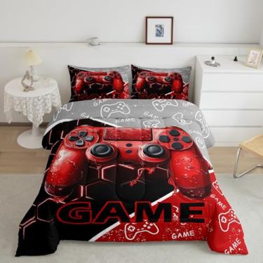 Imagem de Conjunto de edredom infantil, tamanho Queen, gamepad 3D, jogos, esportes, presentes de gamer, reversível, para decoração de quarto de meninas, vermelho neon hexágono, geométrico, patchwork, edredom