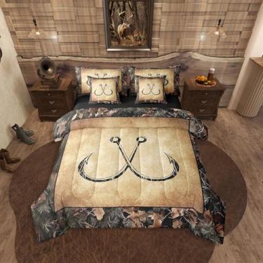 Imagem de Erosebridal Jogo de cama queen rústico camuflado com anzol de peixe, 7 peças, para meninos, homens, pescadores, crianças, estilo cabana de fazenda, edredom retrô com edredom