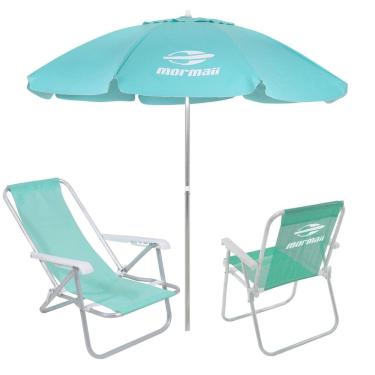 Imagem de Kit 2 Cadeiras Alta e Reclinável Alumínio + Guarda Sol Bagum 2,4m Verde Mormaii - Belfix