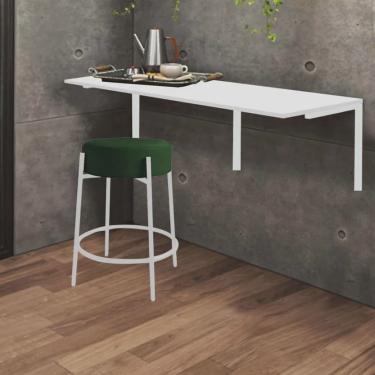 Imagem de Kit Mesa Suspensa de Parede Fixa mdf Branco + 1 Banqueta Sintra Ferro Branco Suede Verde - Ahazzo Móveis