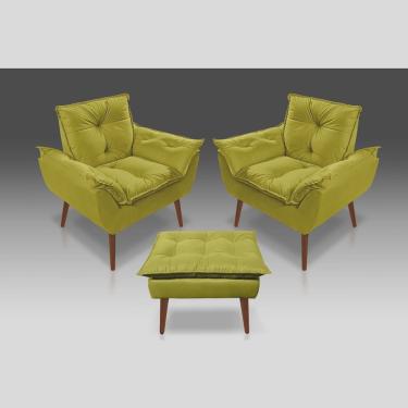 Imagem de Kit 02 Poltrona Opala Com Fibra Siliconada - 01 Puff Opala Suede Amarelo -Pandora Decor