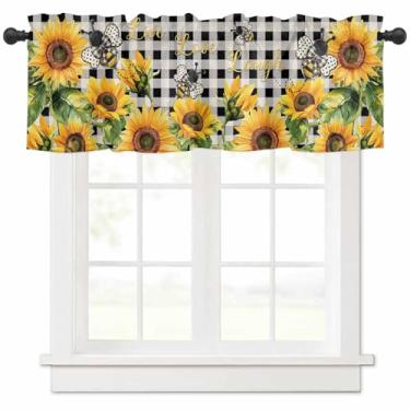 Imagem de Cortinas de janela, girassol, verão, preto, quadriculado, bolso para varão, cortina curta para cozinha, quarto, sala de estar, café, 1 painel, abelha vintage 137 x 45 cm