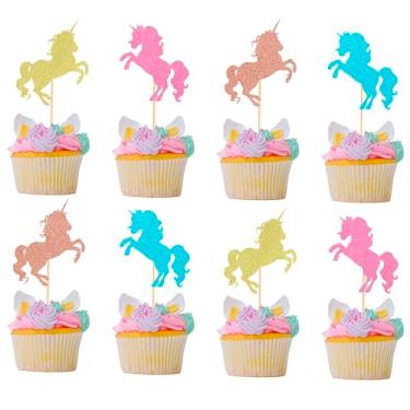 Imagem de Arthsdite 24 peças de topo de cupcake de unicórnio colorido unicórnio cavalo cupcake escolhas de comida chá de bebê casamento crianças festa de aniversário decoração de bolo suprimentos - 4 cores