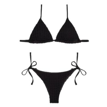 Imagem de Emporio Armani Top feminino triângulo de crochê padrão e calcinha de biquíni com cordão brasileiro preto, Preto, G