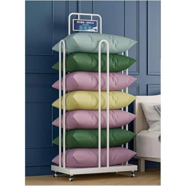 Imagem de LGEOELIAS Suporte retangular para exibição de travesseiro de varejo, carrinho organizador de travesseiro portátil comercial com quadro de avisos, para hotel/casa/lavanderia, moldura de aço branco