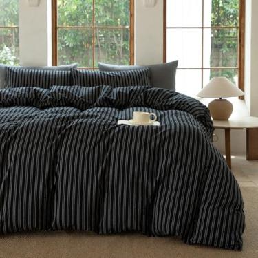Imagem de BESTDESIL Conjunto de capa de edredom listrado 100% algodão lavado, como roupa de cama macia e respirável (listra-preto/branco, casal)
