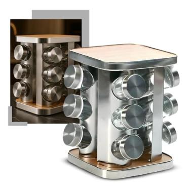 Imagem de Porta Temperos e Condimentos Em Inox 12 Potes com Suporte Giratório e Acabamento Premium