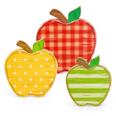 Imagem de Whaline Back to School Placas de madeira de maçã retrô estampadas de mesa de maçã decorações de mesa vintage para o primeiro dia de escola mesa de fazenda decoração de bandeja em camadas, 3 peças
