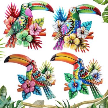 Imagem de Tandefio Pacote com 4 decoração de parede de pássaro de metal, arte de parede de tucano papagaio, arara tropical, decoração de pássaros ao ar livre, para pátio, cerca, jardim, casa, varanda