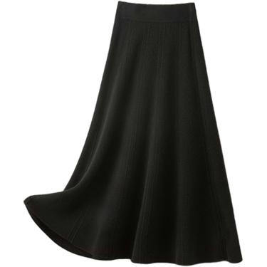 Imagem de Saias Femininas Outono E Inverno Saia Midi Feminina, Cáqui Casual Elástico Cintura Alta Linha A Solta Saia Longa Plissada, Black, One Size