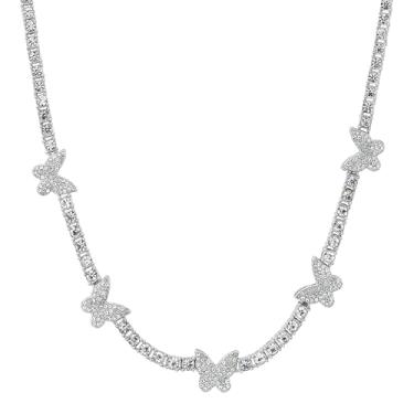 Imagem de ICE STAR Corrente feminina de elos de borboleta com gelo de 45,7 cm – Colar estilo hip-hop com pedras simuladas, joia moderna para presente, Zinco, Zircônia cúbica