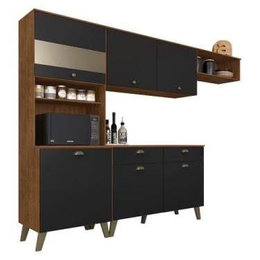 Imagem de Armário De Cozinha Sophia 4 Pçs Retro Com Vidro Frei/preto Fosco - M.a Freijó/preto Fosco