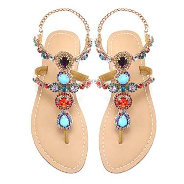 Imagem de Sandálias femininas Mayou Flip Flops, sandálias planas gladiadora Bohemia Toe Ring com strass cristal joia sandália sapatos para verão praia casamento Oceanside férias ao ar livre, Apricot, 8
