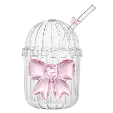 Imagem de Copos de arco - Coquete, coisas fofas para presentes de meninas adolescentes, copo de vidro com laço rosa com tampa e canudo, copo de vidro estético para meninas femininas, xícaras de café gelado