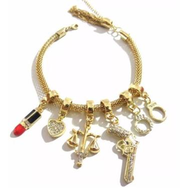 Imagem de Pulseira Berloques Arma Algema Advogada Folheado a Ouro 18k - Milena F