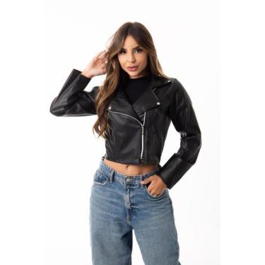 Imagem de Jaqueta Couro Feminina Preto Moda Inverno Com Zíper Casaco Tendência -