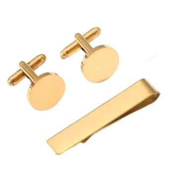 Imagem de Kit Par De Abotoaduras Redondas Para Punho De Camisa Masculina e 1 Prendedor De Gravata, Aço Inoxidável Não Enferruja. Ideal Para Looks Elegantes E Sofisticados (DOURADO)