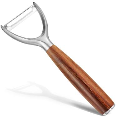 Imagem de Lâmina serrilhada premium tipo Y 304 Descascador de cozinha multifuncional de aço inoxidável cabo de madeira real lâmina ultra afiada vegetal batata maçã (Boluoge)