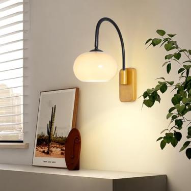 Imagem de GZZBMY Luminária de parede E27 com cúpula de vidro vintage lâmpada de parede giratória de ângulo ajustável de 350° arandela de madeira maciça interior sala de estar quarto restaurante corredor