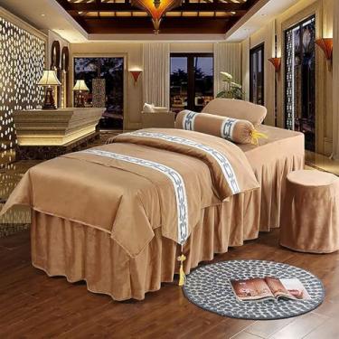 Imagem de Conjuntos De Lençóis De Mesa De Massagem Europeia De Luxo De 4 Peças, Cama De Massagem Corporal Spa Table Skirt Sheet 4 Peças Colcha Com Orifício De Descanso Facial, F, 185x70cm(73x28inch)