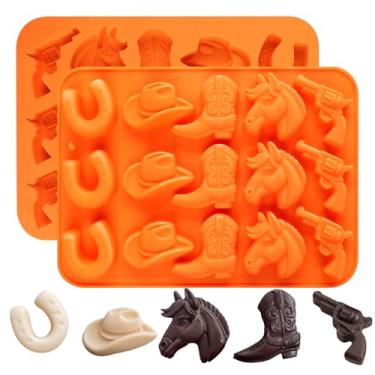 Imagem de Hewomate Moldes de chocolate de caubói, pacote com 2 moldes de silicone de cowboy, chapéu de caubói, ferradura, bota e cavalo de caubói, molde de silicone temático de cowboy ocidental para cupcakes