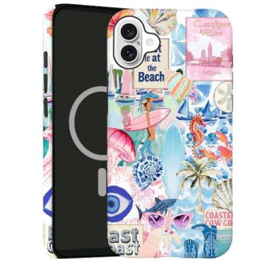 Imagem de kiritfox Capa magnética para iPhone 16 Plus, capa rígida híbrida de 2 camadas, à prova de choque para meninas e mulheres [compatível com MagSafe] - Flor de água-viva colagem da costa oeste