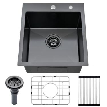 Imagem de Pia de cozinha preta de 43 cm - pia de aço inoxidável preta VOKIM 43 cm x 48 cm tigela única feita à mão pequena pia de cozinha calibre 16 níquel escovado, com grade de prato