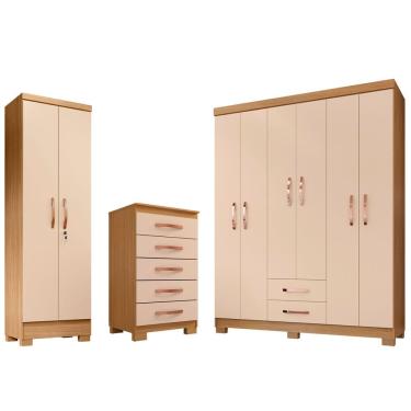 Imagem de Kit Guarda Roupa Casal Modena 6 Portas 2 Gavetas com Cômoda 5 Gavetas e Multiuso Egito Carvalho Off White - Combo Stock