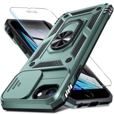 Imagem de Capa para iPhone SE 2022 (3rd)/SE 2020(2rd), capa para iPhone 8/7 embutida para lente de câmera + protetor de tela, capa de celular resistente à prova de choque com suporte de anel de dedo, verde