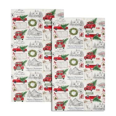 Imagem de Conjunto de 2 toalhas de cozinha de caminhão vermelho de Natal, guirlanda, caminhão, casa de fazenda, vintage, toalhas de mão absorventes para banheiro, cozinha, hotel, academia, spa, inverno, Natal