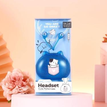 Imagem de QearFun Fones de ouvido intra-auriculares de bolso para crianças, Kawaii com fio, presente para meninas e meninos com microfone e estojo de armazenamento de gato fofo (azul)