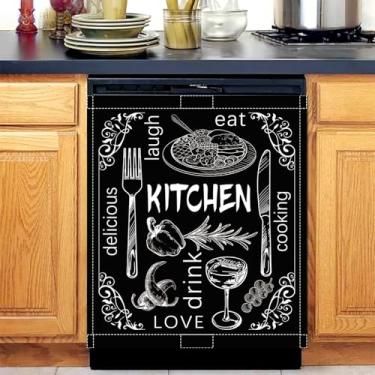 Imagem de Capa preta de ímã de máquina de lavar louça, adesivo de ímã de lava-louças de 58 x 66 cm para decoração de cozinha, capa de ímã de geladeira engraçada para painel de geladeira, capa de ímã de