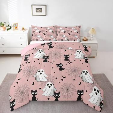 Imagem de Manfei Jogo de cama queen com desenho animado fantasma, gato preto, lua, estrelas, teia, trançado, decoração de quarto de meninas e mulheres, edredom rosa, 2 fronhas
