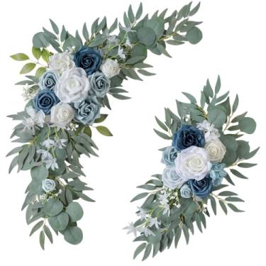 Imagem de TANMESSO Conjunto de 2 anéis de arco floral artificial – Decorações elegantes de placa de boas-vindas de casamento para cerimônia e recepção, arranjos de flores de vegetação rústica (azul)