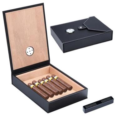 Imagem de ZzleoyuUUs-12 Caixa de charutos de couro para viagem, caixa de charutos, madeira de cedro, portátil, para charutos, caixa para 6 charutos, marrom, preto, caixa de charutos portátil (preto)