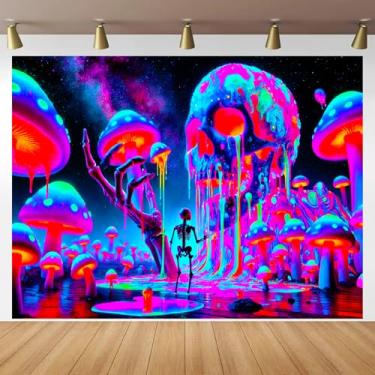 Imagem de BlissYard Tapeçaria de caveira cogumelo luz negra brilha no escuro UV reativo para pendurar na parede com esqueleto néon psicodélico galáxia terror pôster de terror tapeçarias de luz preta para