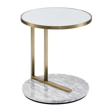 Imagem de BlvdEi8ht Mesa lateral Midas elegante – mesa de destaque com tampo de vidro e base de mármore, acabamento em latão, 45,7 cm de diâmetro x 52 cm A - branca
