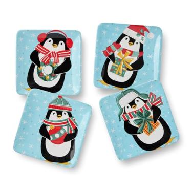 Imagem de Pratos de Canapé de Pinguim de Natal – Conjunto de 4 pratos quadrados de cerâmica de 15 cm com adoráveis designs de pinguins, utensílios de mesa de festa de fim de ano para lanches, petiscos