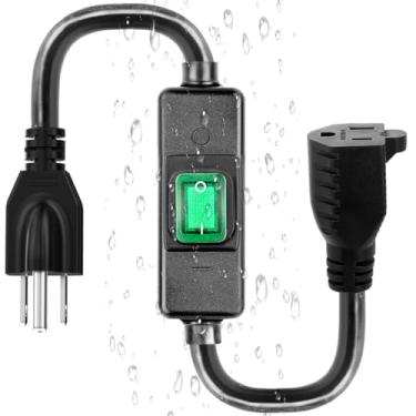 Imagem de Cabo de extensão impermeável de 3 pinos para uso externo, cabo de extensão liga/desliga em linha, SJTW 14AWG 3C IP57 à prova d'água, interruptor em linha resistente máximo de 20A 125V G = 1,5 pés