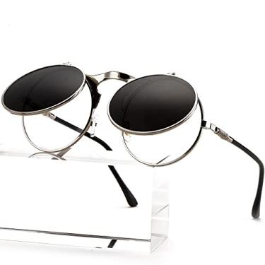 Imagem de AIEYEZO Óculos de sol redondos dobráveis para homens e mulheres Rave, estilo retrô Steampunk dos anos 90, Prata/cinza, MM