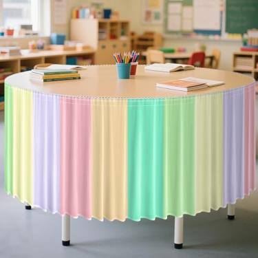Imagem de Saia de mesa pastel de 3,5 m com babados para decoração de sala de aula, saia de mesa colorida para mesa em formato de rim, material de festa de volta às aulas, jardim de infância, escritório, estante
