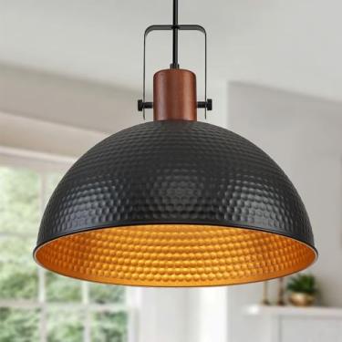 Imagem de ALAISLYC Luzes pendentes pretas de 40,6 cm marteladas foscas para cozinha ilha industrial casa de fazenda altura ajustável cúpula luminárias suspensas para celeiro, sala de jantar 1 pacote