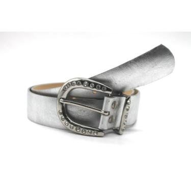 Imagem de Cinto feminino de couro com fivela prata strass BOM54 - Barão Do Couro