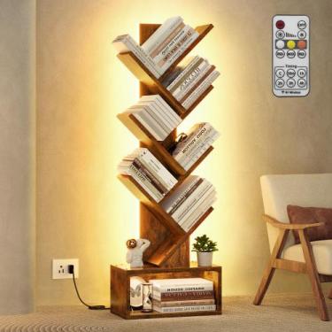 Imagem de Estante de livros Hoctieon 6 Tier Tree com luzes LED marrom rústico