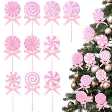 Imagem de Wettarn 10 peças, palitos de pirulito de 22 cm com fita, decorações de Natal para enfeite de árvore de Natal, vasos domésticos, enfeites de festa (rosa e branco)
