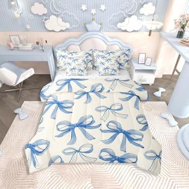 Imagem de Feelyou Conjunto de edredom com laço azul e branco com laço azul e branco, para decoração de quarto de crianças, meninos, meninas, 7 peças, conjunto de cama king size macio com laço azul kawaii