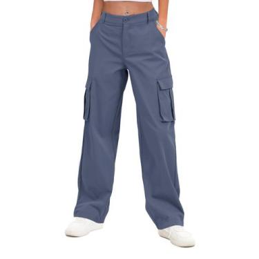 Imagem de Calças cargo Gracyoga de cintura alta, pernas largas, jeans, azul, azu
